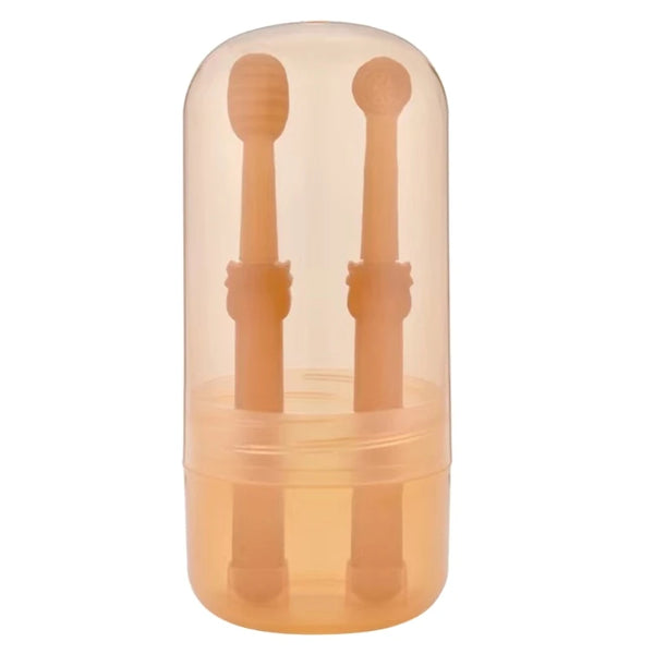 A clear silicone pet toothbrush set for cats and dogs with a storage case, featuring two brush handles.