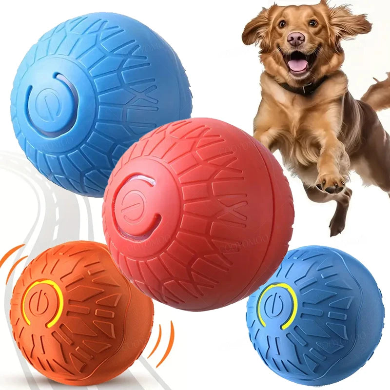 Eine Sammlung farbenfroher interaktiver Spielbälle für Haustiere, darunter blau, orange und rot, mit einem Hund im Hintergrun