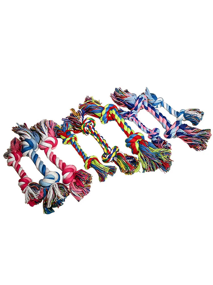Colorful braided cotton rope dog chew toys with various colors like pink, blue, yellow, and green.