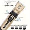 A cordless pet grooming trimmer with five blade distances and four guiding combs shown in a close-up view.