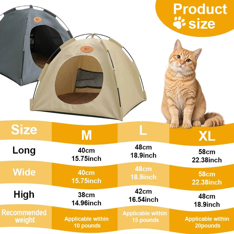 Un ensemble de lits de tente d'ombrage pour animaux beige en tailles M, L et XL avec leurs dimensions correspondantes.