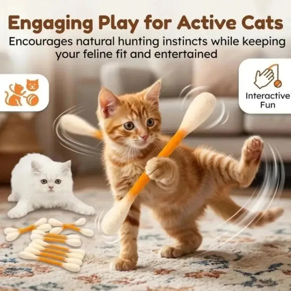 A small orange kitten plays with a wooden cat toy on a carpet.