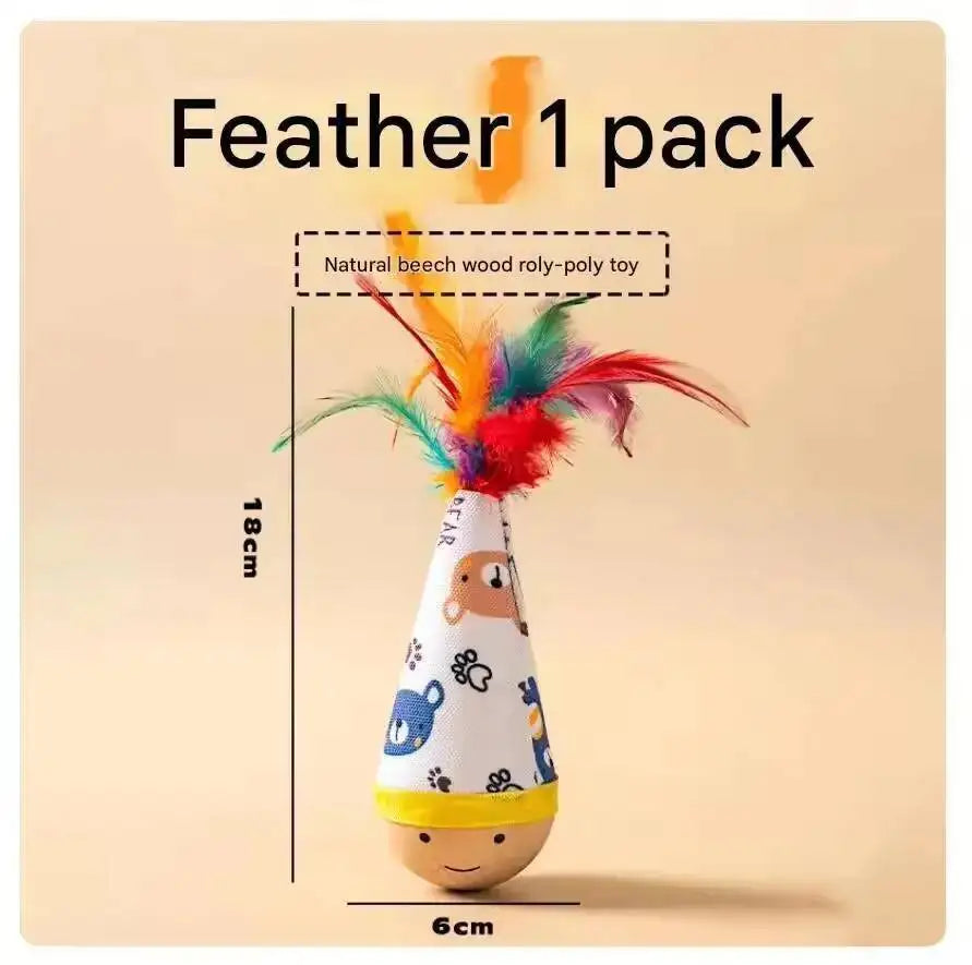 A feather toy in the shape of a baby's head with a wooden body and colorful feathers.