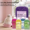 A collection of purple, pink, yellow, and blue cat litter deodorizing beads in glass bottles with a white cap.