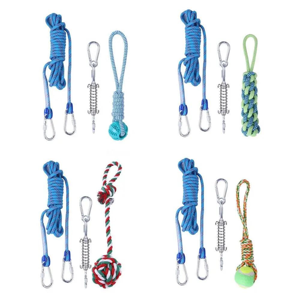 A collection of durable bite-resistant dog spring pole toys made with cotton rope in various colors and styles.