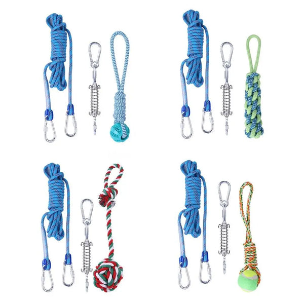 A collection of durable bite-resistant dog spring pole toys made with cotton rope in various colors and styles.