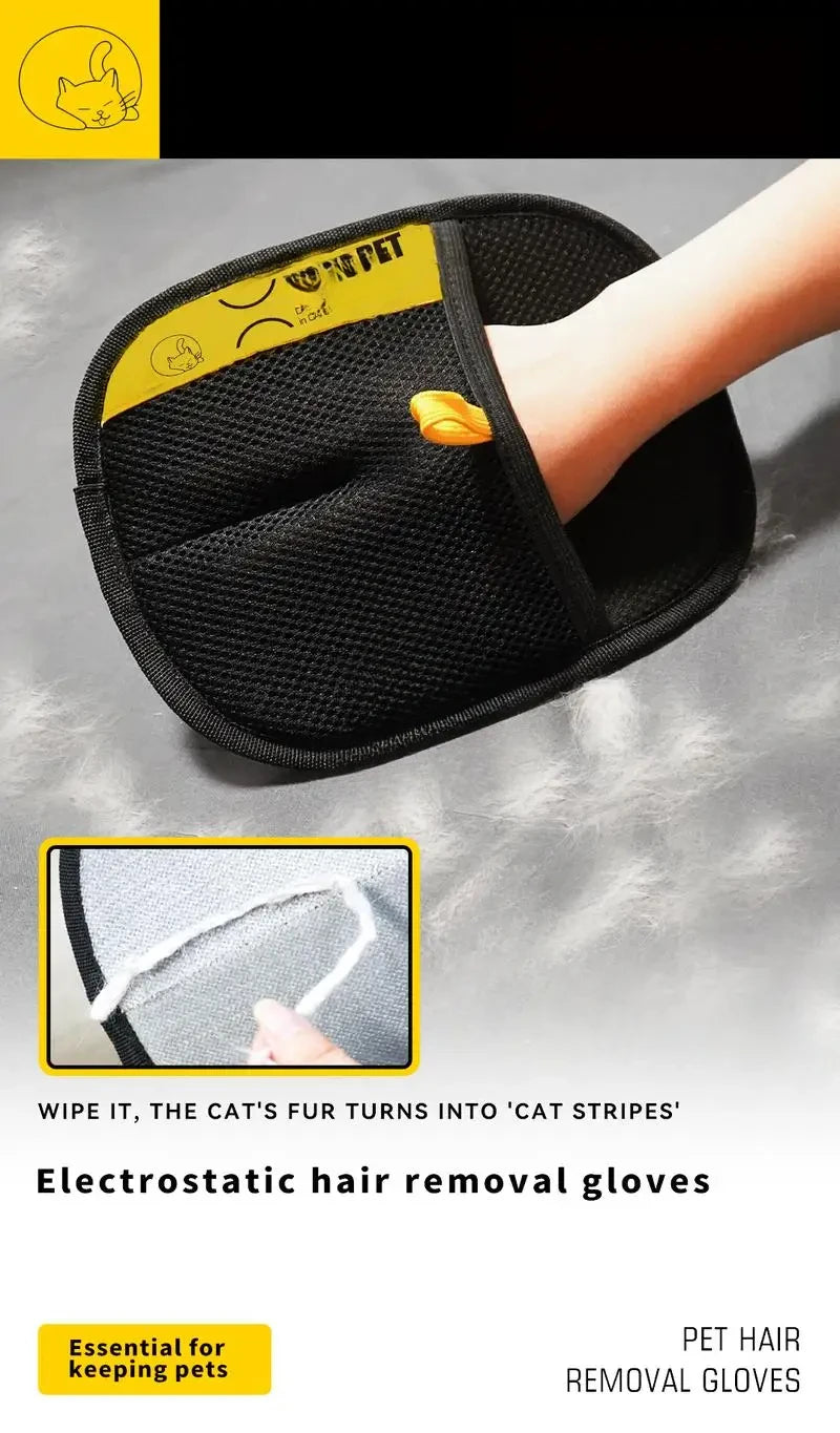 Black electrostatic gloves designed to remove pet hair, shown on a hand.