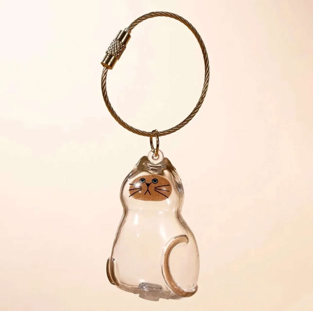 A clear glass cat charm keychain with a gold-colored leather cord and a small metal loop.