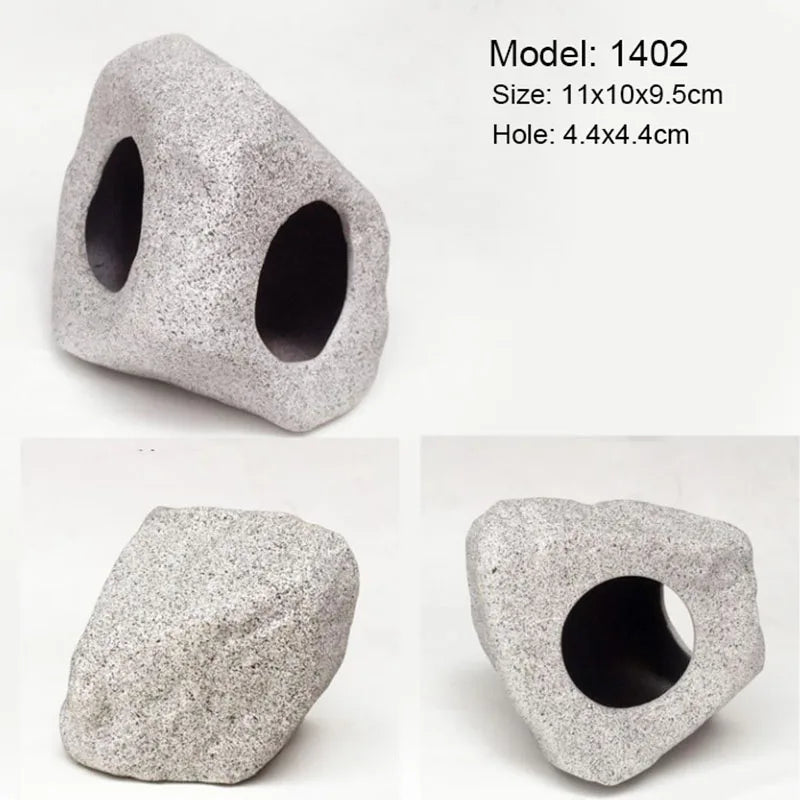 Gray ceramic cichlid cave aquarium decor with a circular hole