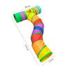A colorful, flexible play tunnel for cats, showing various bright colors like green, yellow, orange, and purple.