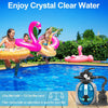 A group of people enjoying crystal clear water in a pool with pink and yellow inflatable rings, next to a reusable filter bal