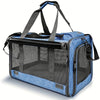 A blue breathable mesh pet carrier bag for cats and small dogs with black handles and a sliding top.