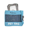 Light blue fabric pet bag with gray straps and a dark mesh pocket labeled Fashion Pet Bag