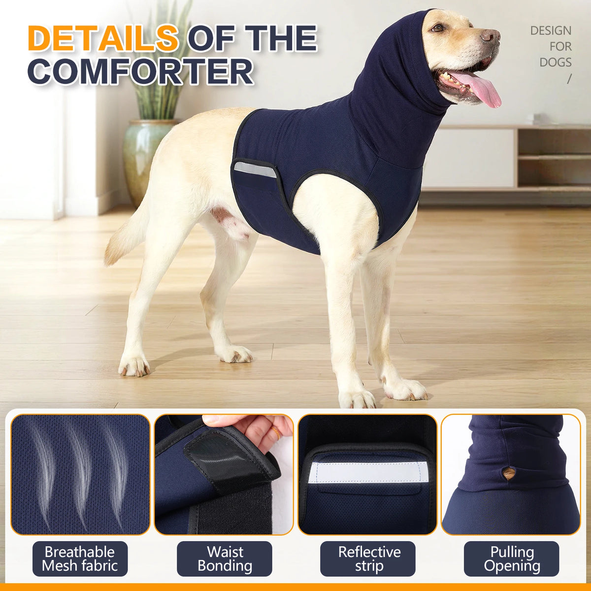 A light-colored dog wearing a navy blue calming anxiety vest with breathable mesh fabric and pulling opening.