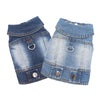 A pair of classic blue denim dog jacket with a D-ring leash attachment.