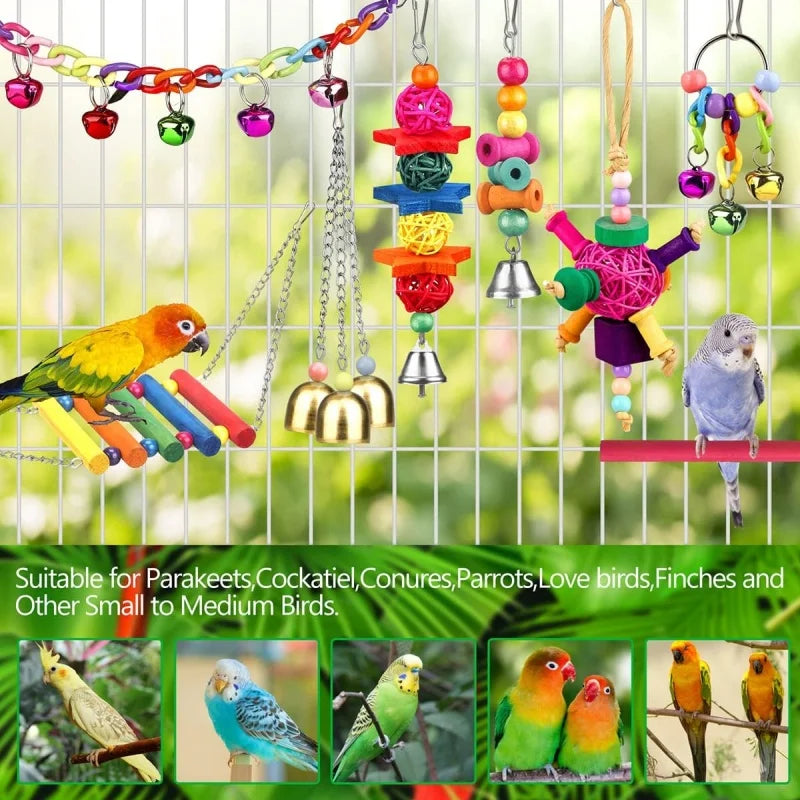 Natural wooden swing and chewing toys for various small to medium birds hanging from a wire grid.