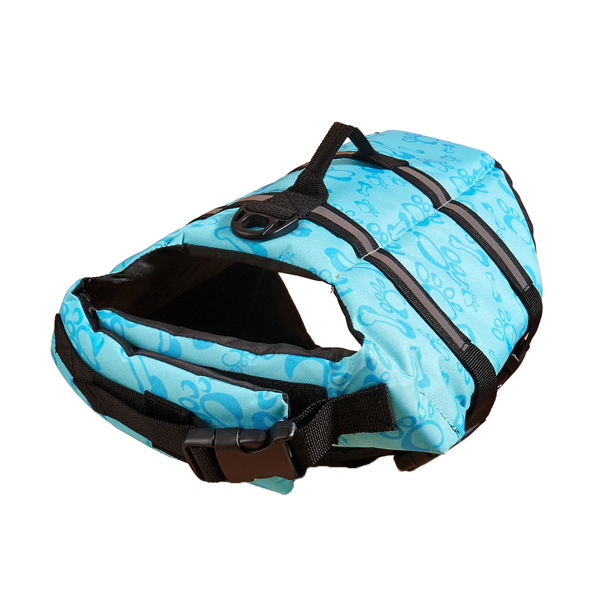 Gilet de sauvetage pour chien bleu vif et réfléchissant avec sangles noires, sur fond blanc.