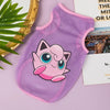 A pink breathable mesh pet vest with a cute cartoon character print lying on a purple surface.