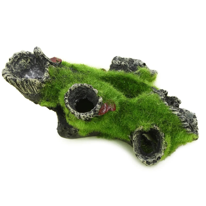 Resin aquarium tree house cave for shrimp and fish with mossy green texture