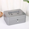 A silver portable metal cash box with a hinged lid and a lock mechanism is shown on a white surface.