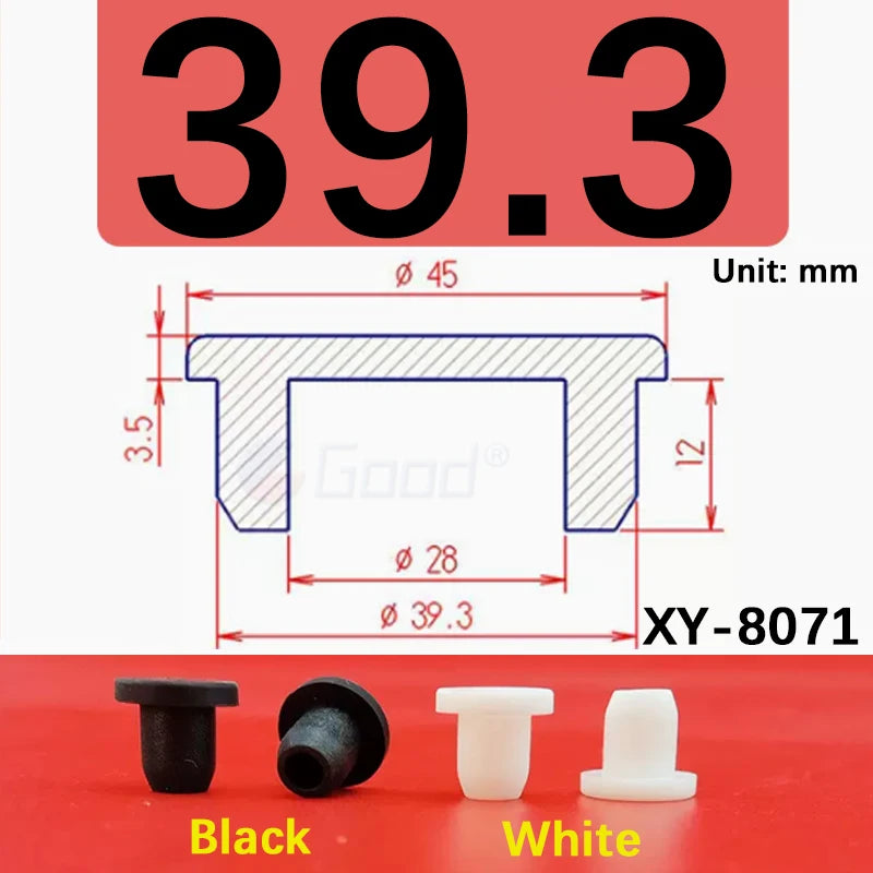 Black and white silicone rubber hole plugs shown next to a dimensioned product diagram.