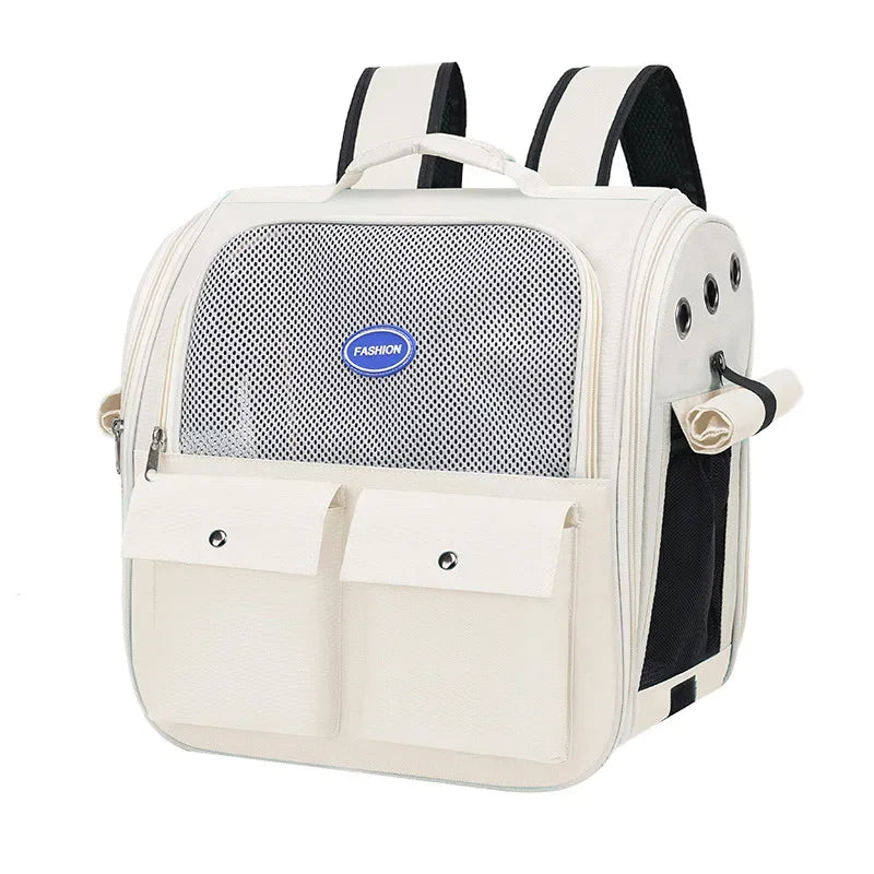 A cream-colored ventilated cat carrier backpack with black straps and pockets.