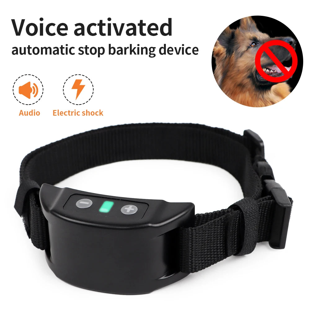 A black voice activated automatic stop barking device collar for dogs with audio and electric shock features.