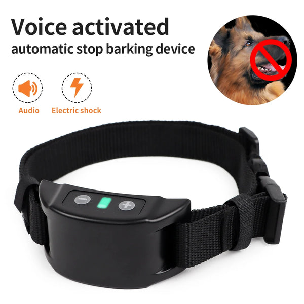 A black voice activated automatic stop barking device collar for dogs with audio and electric shock features.
