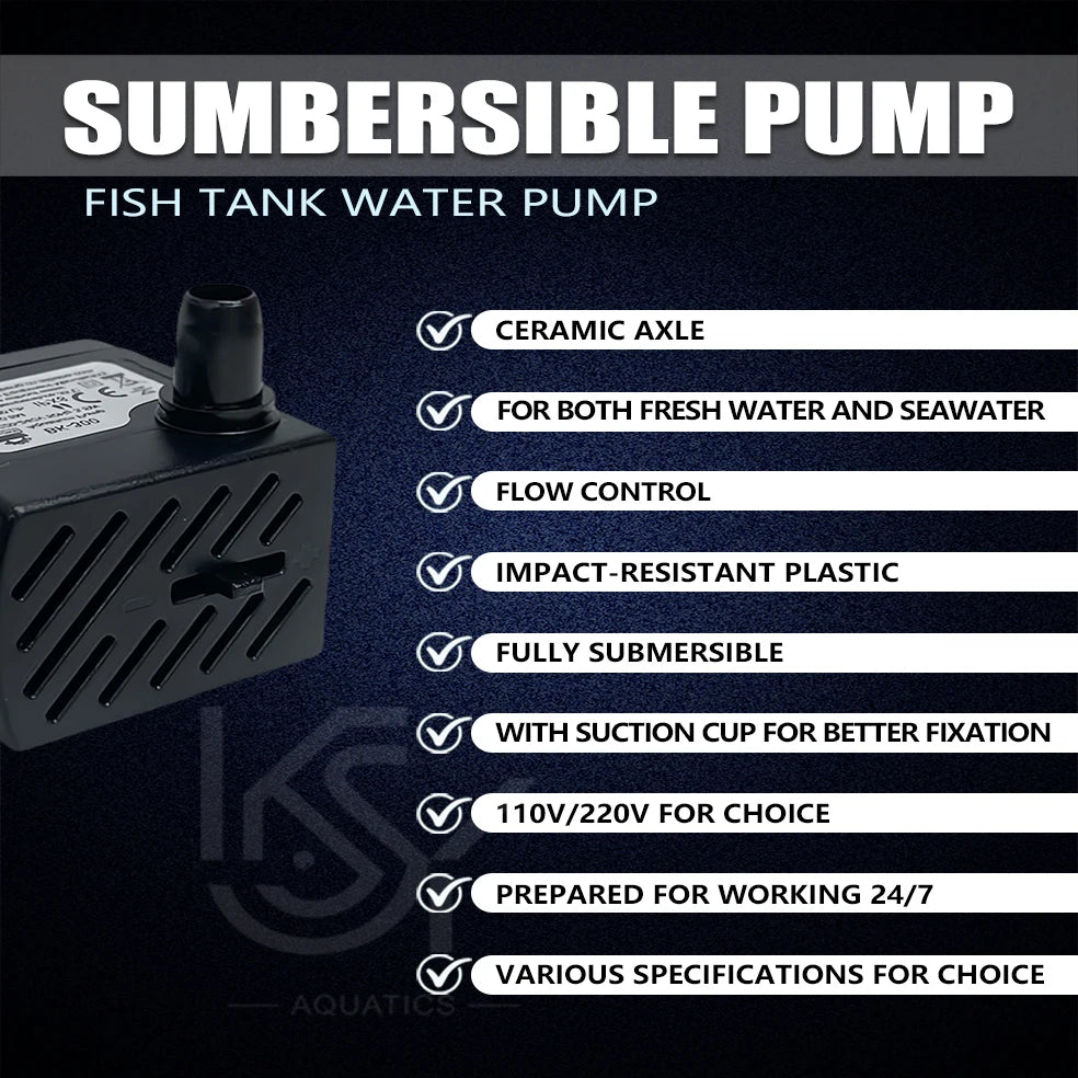 A black submersible pump for fish tank water, featuring a ceramic axle, flow control, and suction cup.