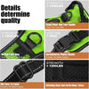 Various views of a bright lime green dog harness showing strength ratings and durability features