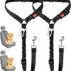 Black adjustable dog car seat belt with elastic bungee buffer for securing pets in vehicles.
