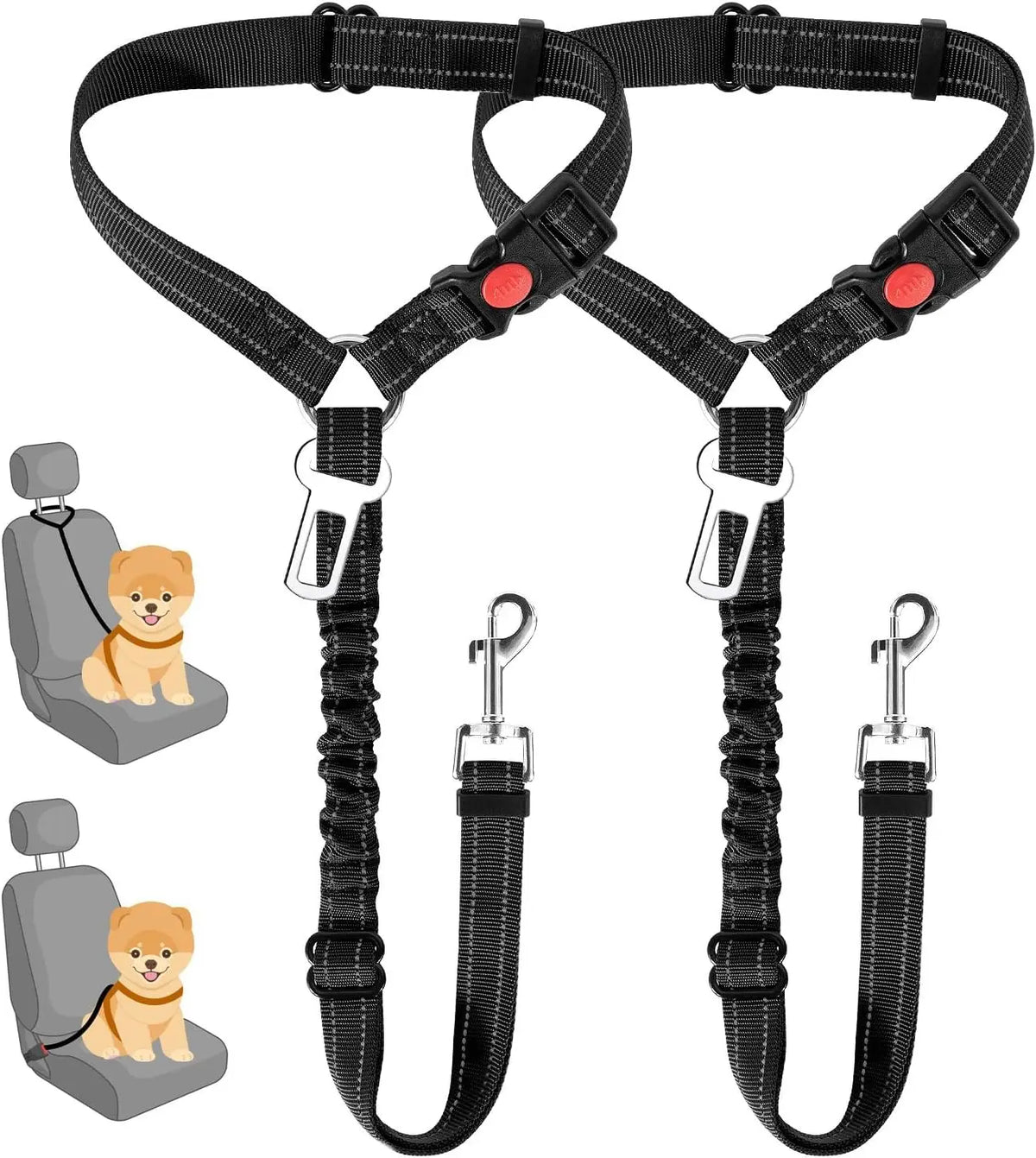 Black adjustable dog car seat belt with elastic bungee buffer for securing pets in vehicles.