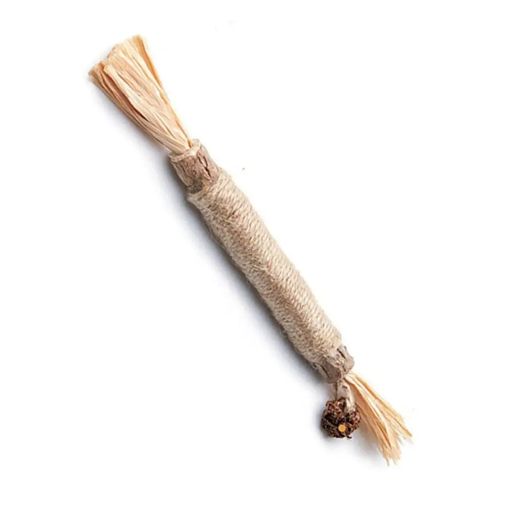 A natural silver vine cat chew toy made of twine or rope.