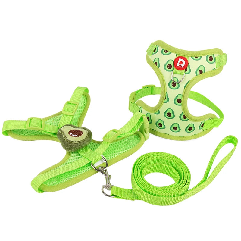 A bright lime green adjustable pet harness and leash set for dogs with a red tag.