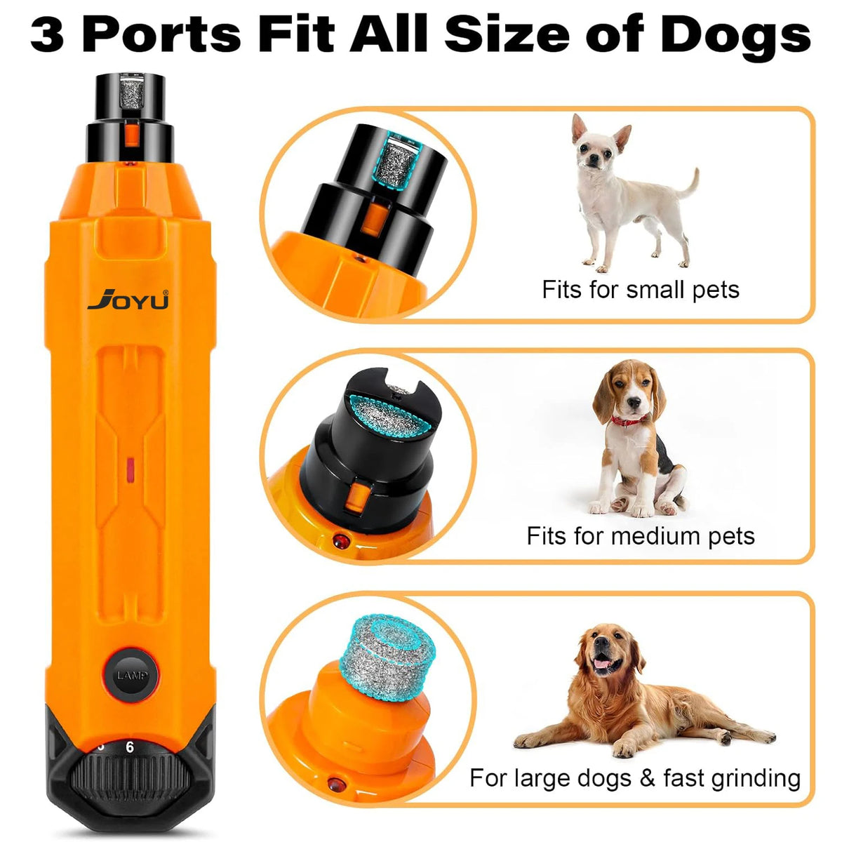 Orange rechargeable dog nail grinder with three ports for various dog sizes