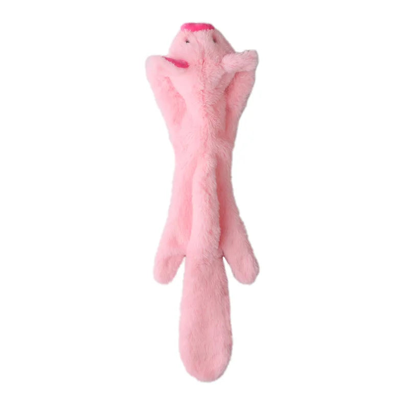 Pink plush dog toy with a squeaker