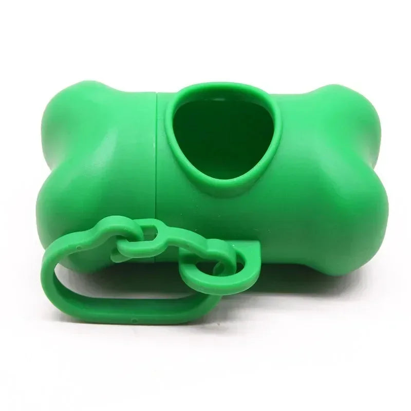 A bright green bone-shaped poop bag dispenser with a clip.