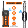 Orange and black remote dog training collar showing four training modes including beep, vibration, shock, and flash light fea