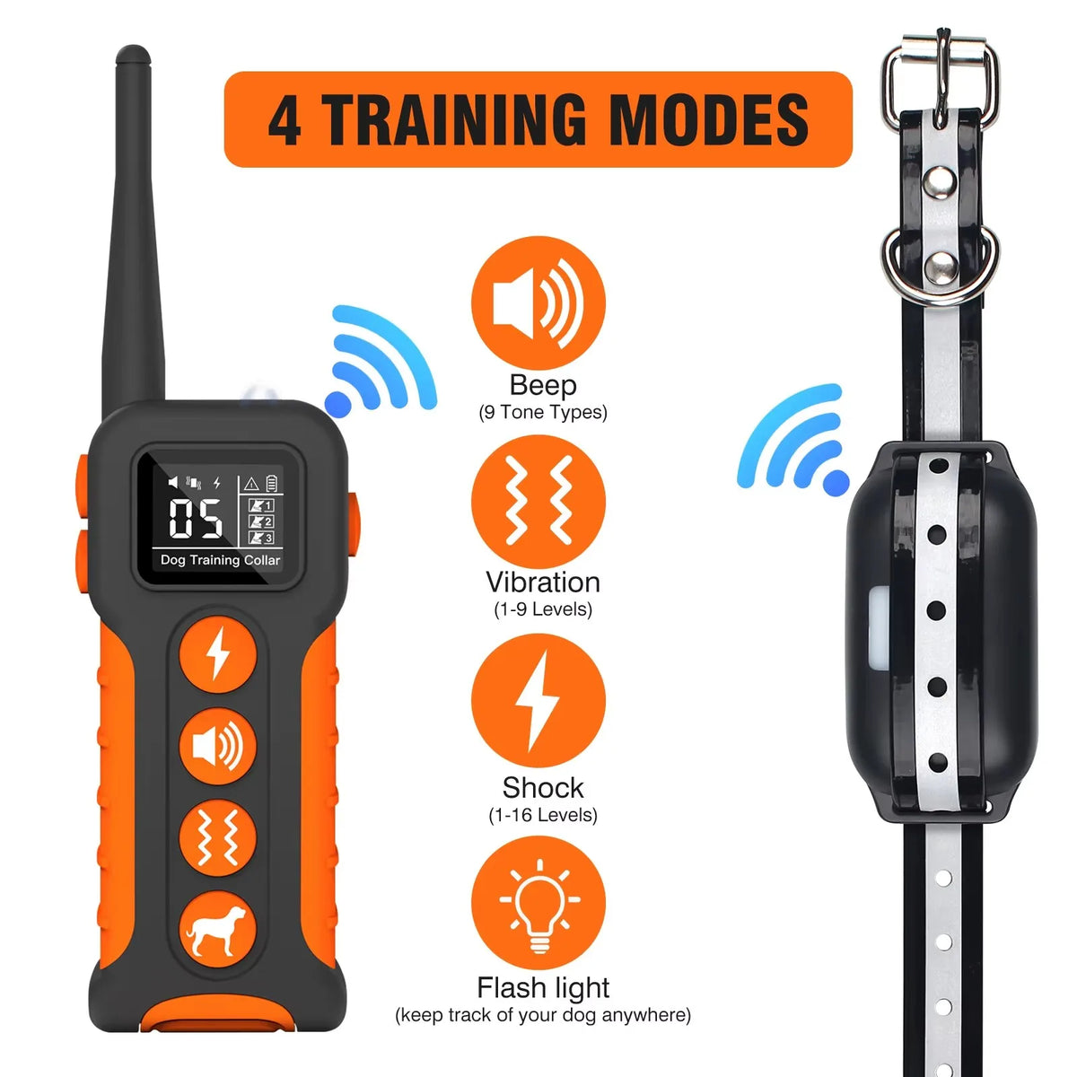 Orange and black remote dog training collar showing four training modes including beep, vibration, shock, and flash light fea