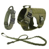 Olive green tactical dog harness with collar and MOLLE pouches shown separately.
