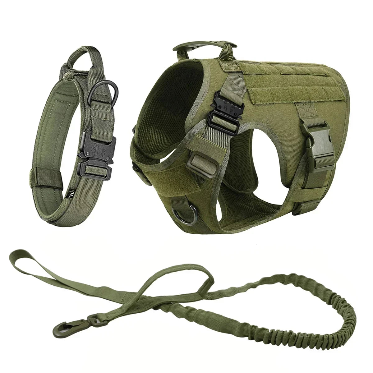 Olive green tactical dog harness with collar and MOLLE pouches shown separately.