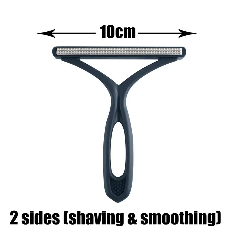 A black pet grooming brush with a flat shaving head and a curved handle for cats and dogs.