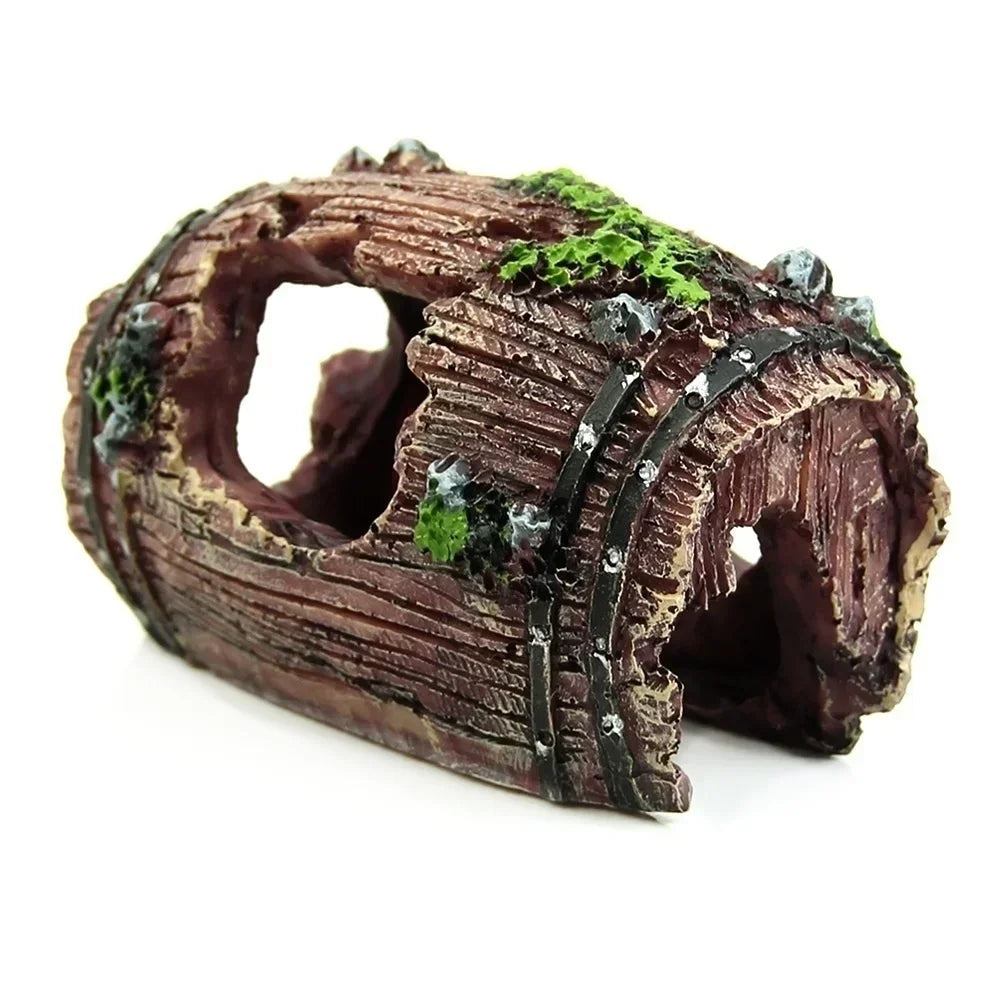 Resin broken barrel fish tank decoration with moss and dark bark texture