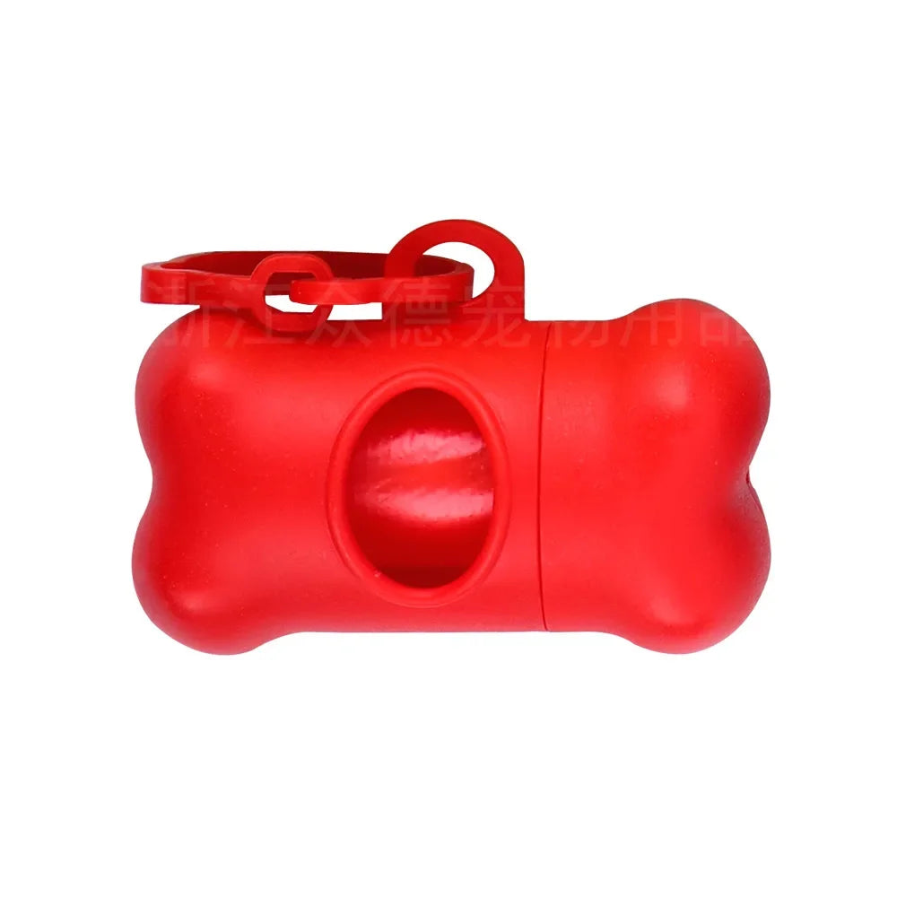 Red bone-shaped poop bag dispenser with a clip.