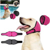 A light-colored dog wearing a pink noise cancelling ear wrap, shown in various angles.