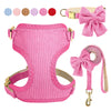 Pink breathable dog harness, collar, and leash set with a bowknot