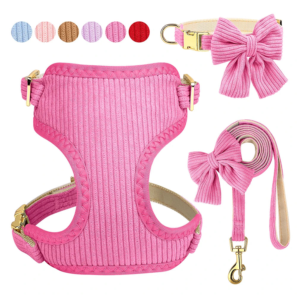 Pink breathable dog harness, collar, and leash set with a bowknot