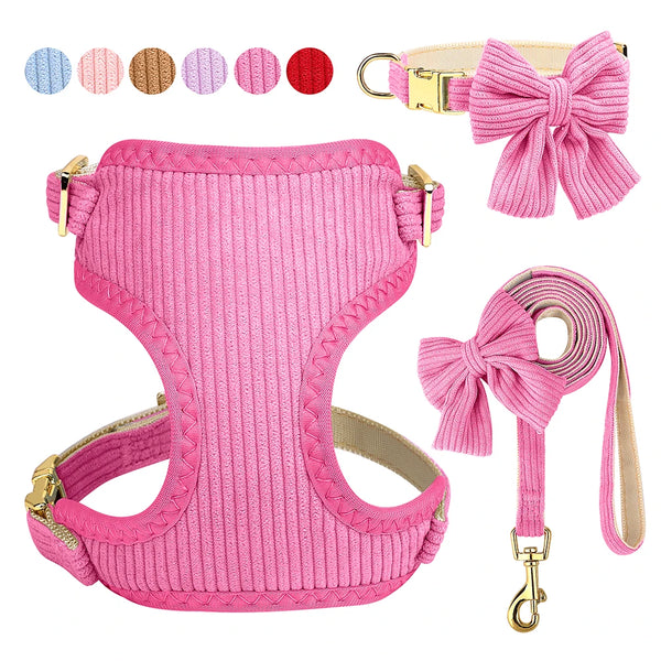 Pink breathable dog harness, collar, and leash set with a bowknot