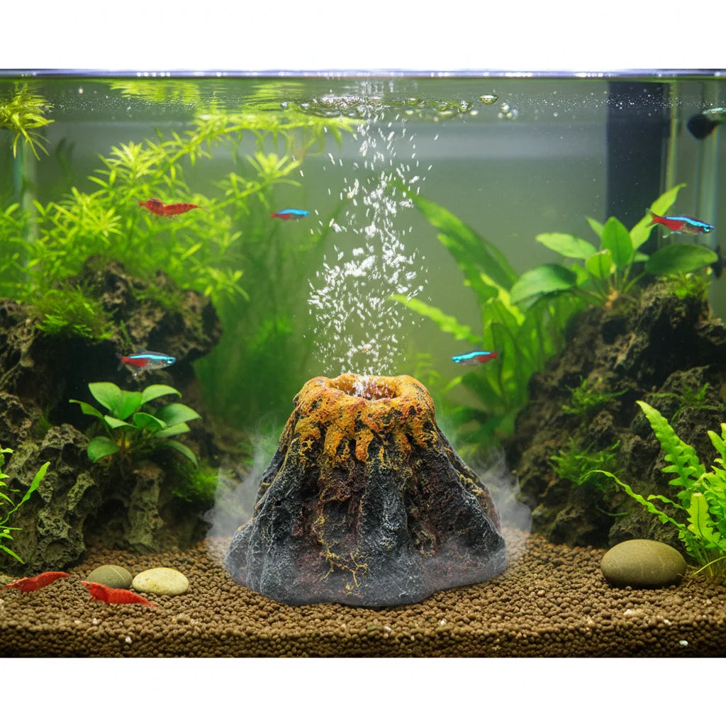 Aquarium volcano bubble stone decoration featuring mossy rock and small fish in clear water