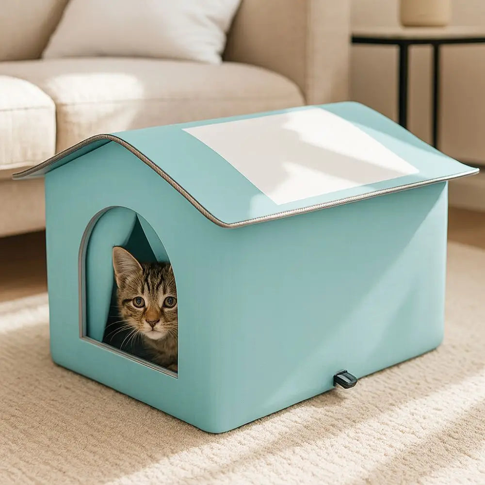 A light blue foldable waterproof insulated cat house with an arched entrance sits on a beige rug.